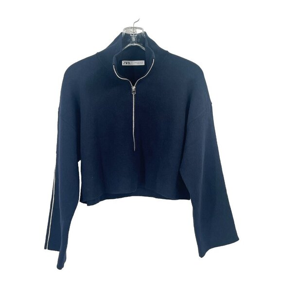 Zara Mock Neck Navy Blue Sweater Zipper Stripe Sz S - Picture 1 of 4